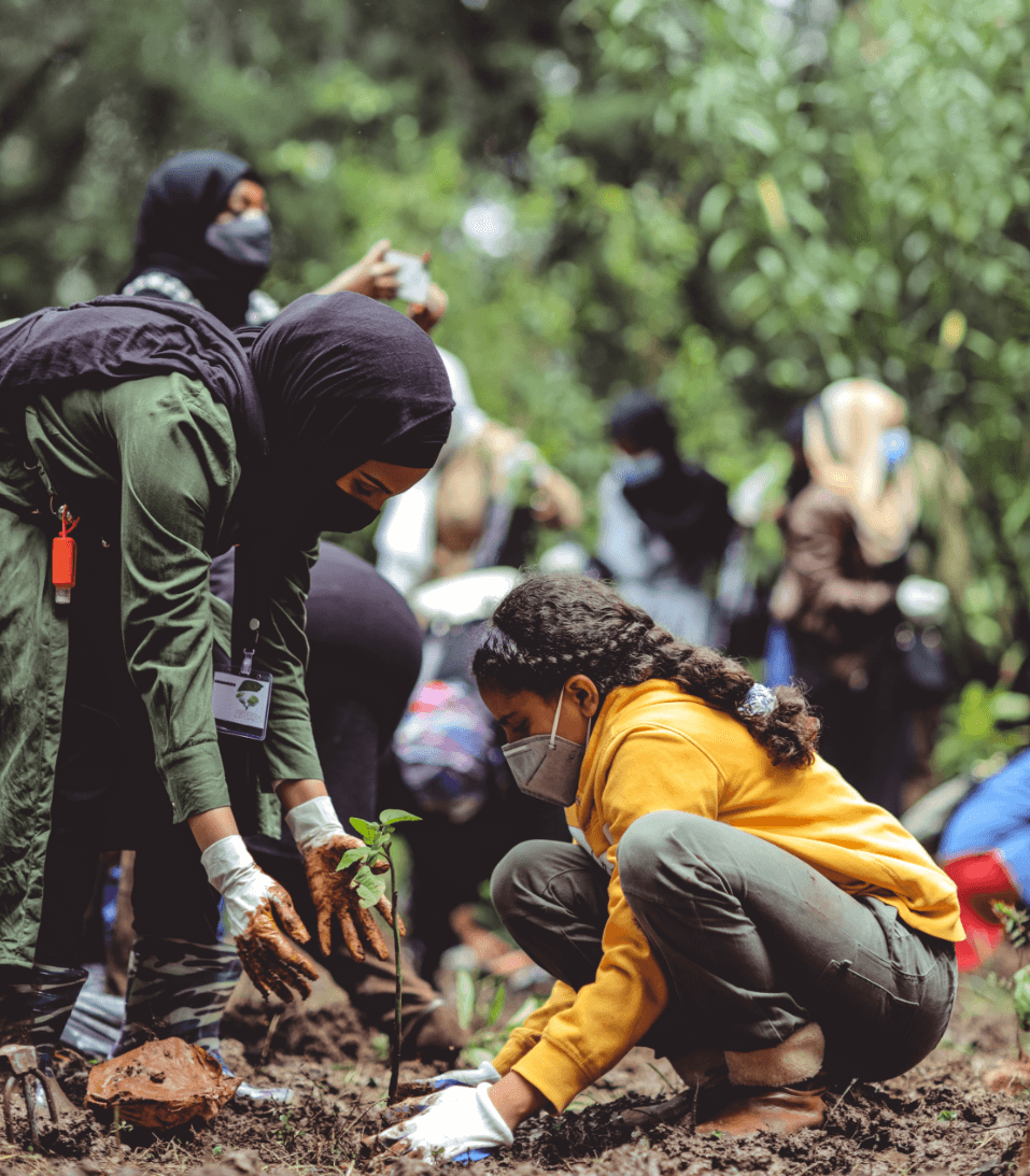 women planting trees with mask on